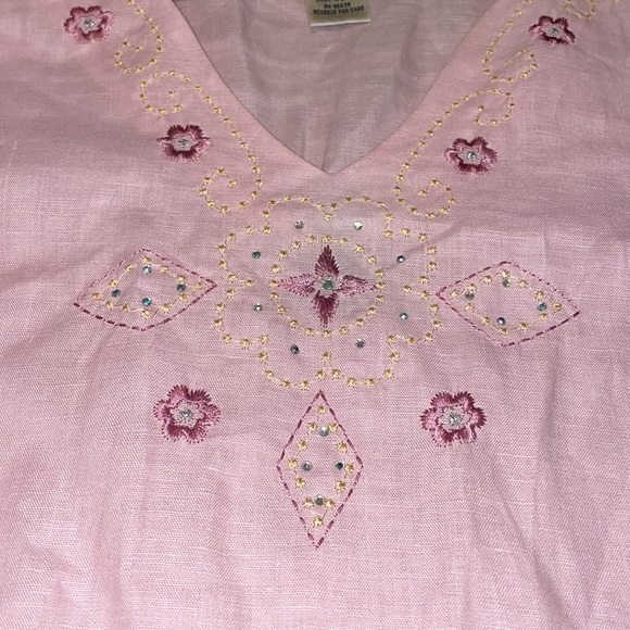 Edward Woman 1x XL 16 tunic top Irish linen pink embroider flowers rhinestones - Picture 3 of 7